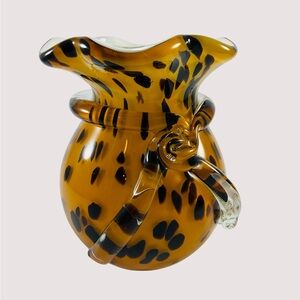 Art Glass Bud Table Vase White Cased  Black Spotted Cheetah Leopard Applied Bow